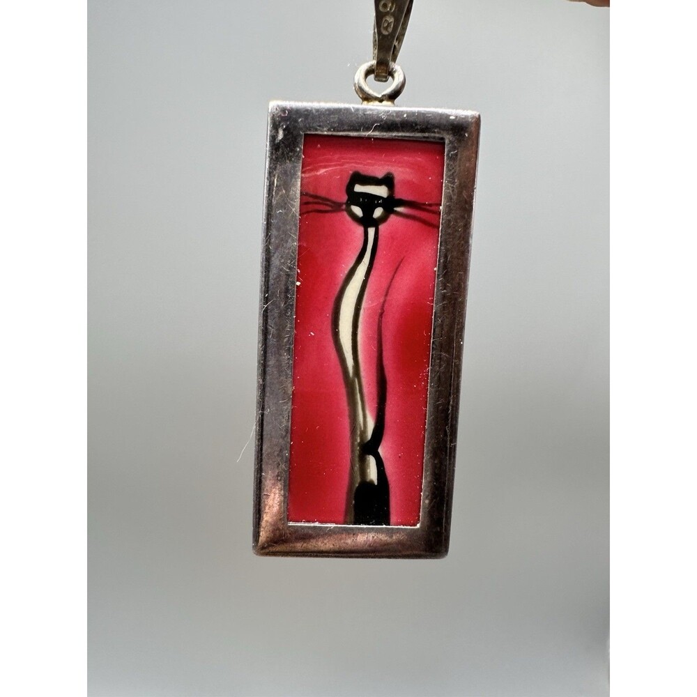 Modernist Polish 925 Silver Framed Ceramic Stretch Cat Pendant Pink Sterling
